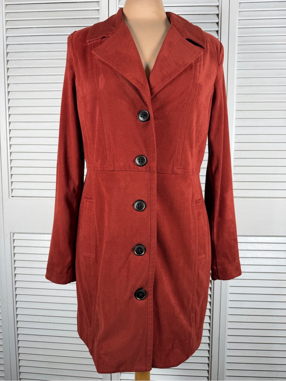 Cabi Rust Faux Suede Feel Long Blazer Jacket M Button Front Stretch Pockets